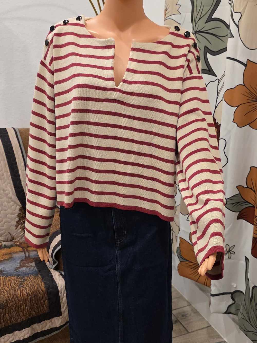 Banana Republic Cream and Burgundy Striped Notch-Neck Sweater